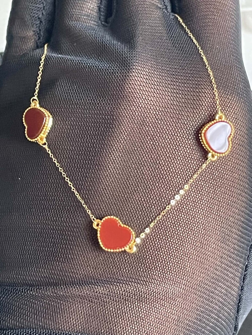 18k Dainty Gold Chain Necklace with Red Heart Gem Accents